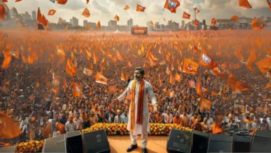 AI-generated person representing leadership at a BJP rally with "BJP National President" text in focus.