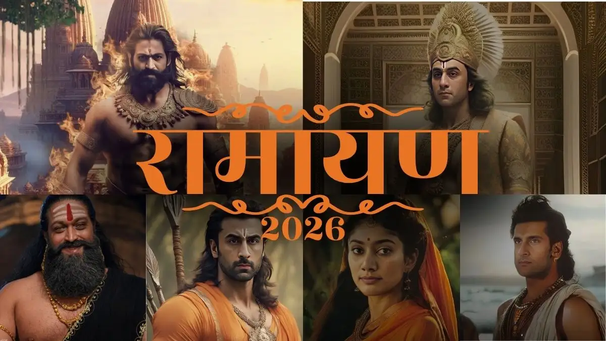 Ramayana 2026 movie cast poster featuring Lord Ram, Sita, Ravan, and other main characters in traditional Indian attire