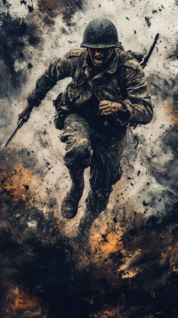 Soldier running across a war-torn field, charging towards enemy positions during a military strike