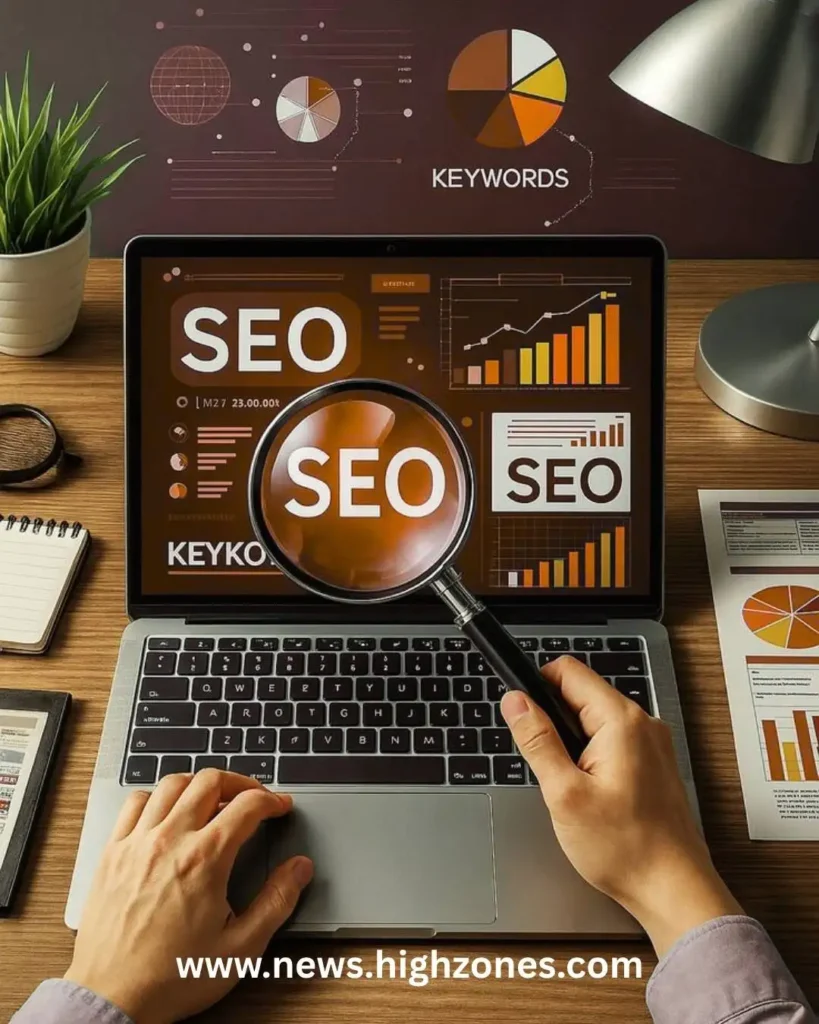 Illustration showing how SEO works in digital marketing with icons like search bar, analytics, and website rankings
