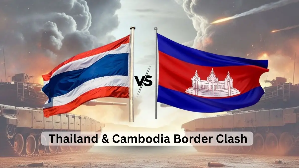Thailand and Cambodia flags facing each other during border clash with military tanks in the background