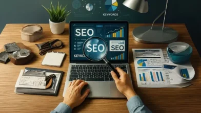 Illustration showing how SEO works in digital marketing with icons like search bar, analytics, and website rankings