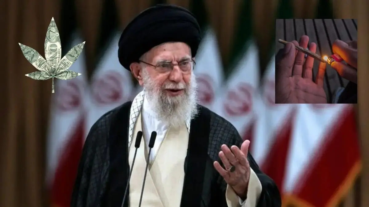 Supreme Leader of Iran Ali Khamenei speaking with Iran flags in background amid substance abuse accusations