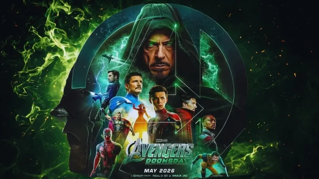 Avengers Doomsday poster featuring heroes like Spider-Man, Doctor Strange, Deadpool, and a mysterious villain with green energy background.