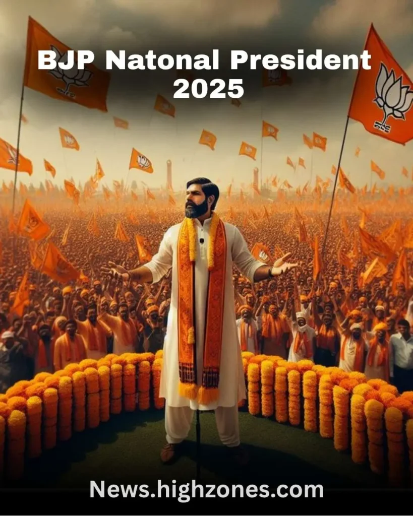 AI-generated person representing leadership at a BJP rally with "BJP National President" text in focus.