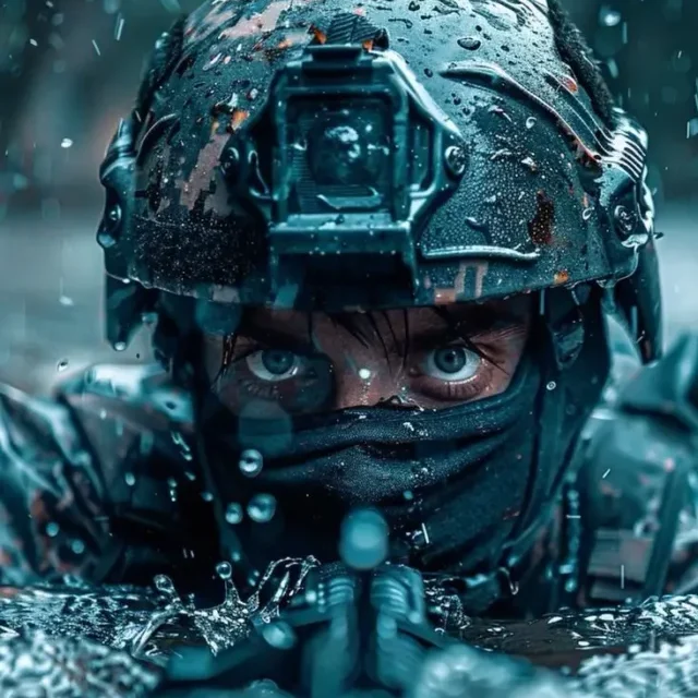 Indian commando submerged underwater, with only his mouth visible, preparing to advance toward enemy forces.