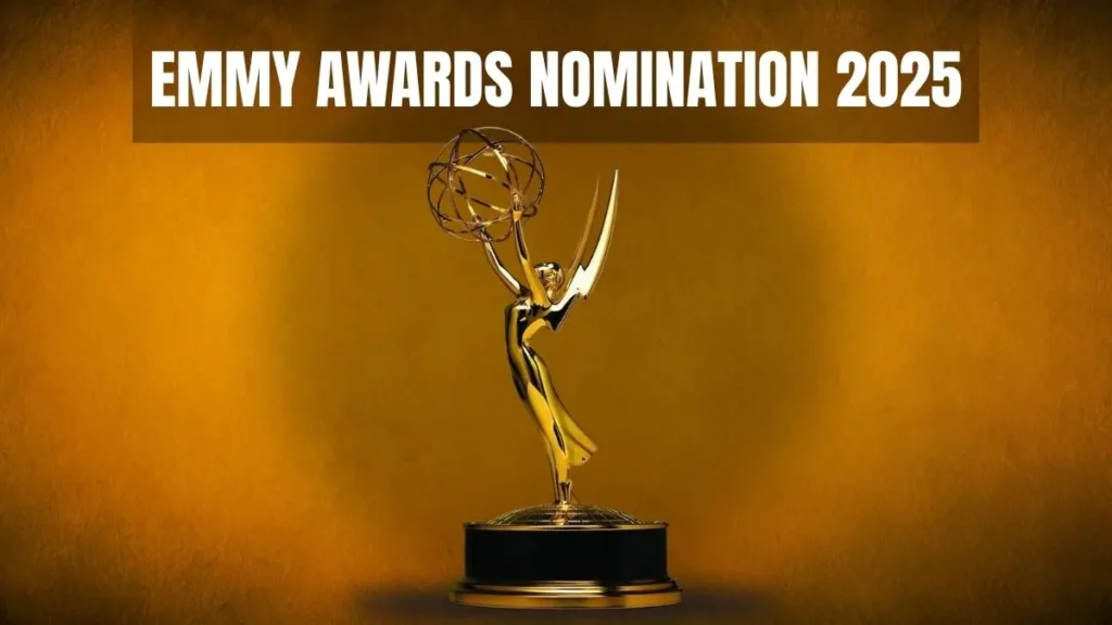 Golden Emmy Award trophy with “Emmy Award Nominations 2025” text in the background