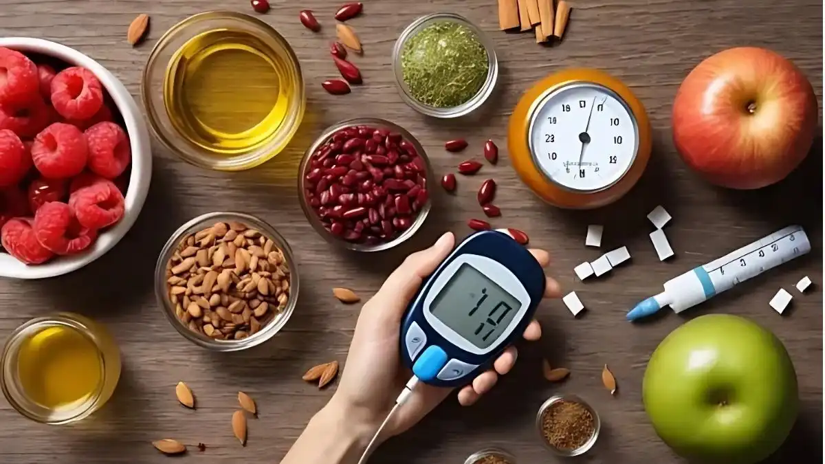 Glycemic Index and link between diet. showing a glucose monitor and blood sugar levels by foods like fruits, seeds, oils.