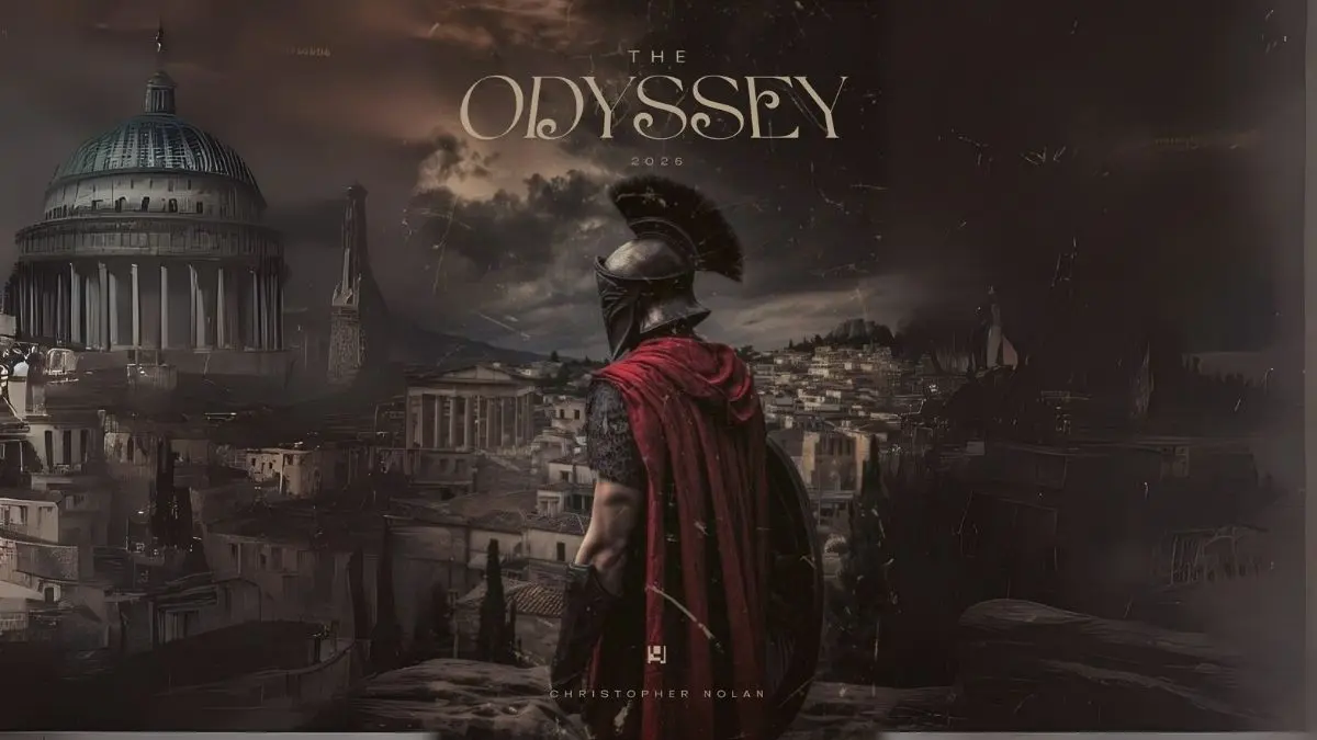 Poster image of The Odyssey shows Matt Damon as Odysseus and Tom Holland as Telemachus in dark, epic mood