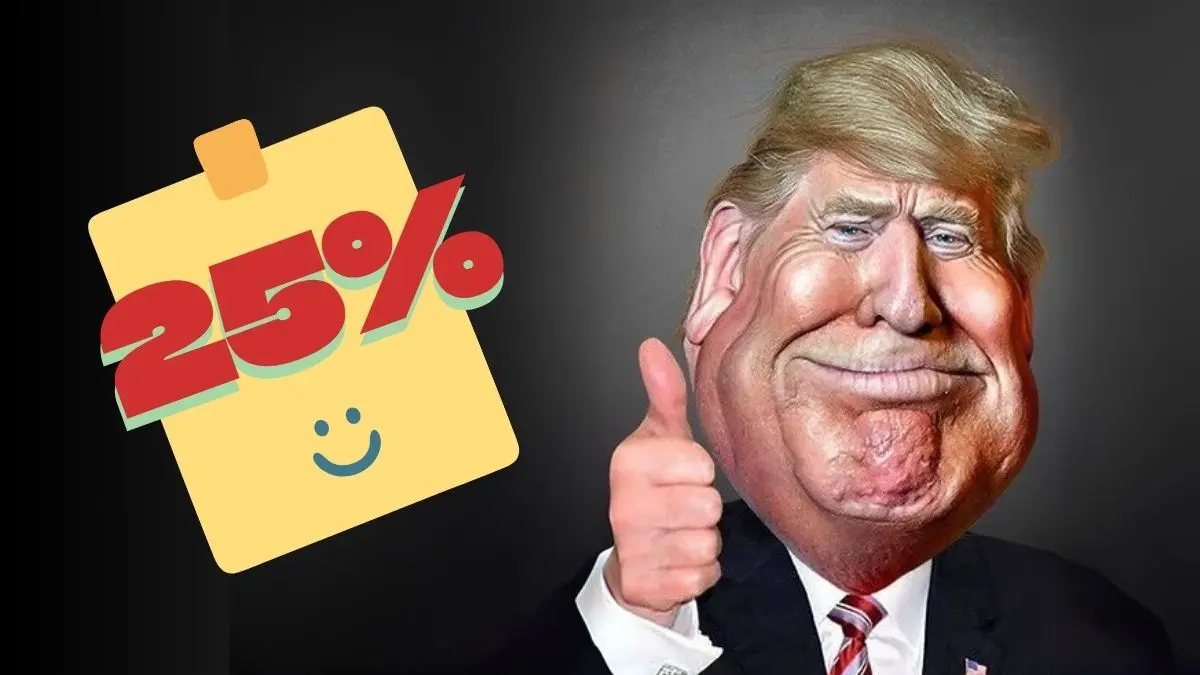 Trump cartoon showing thumbs up next to a sign with 25%, symbolizing new tariff on Indian goods starting August.