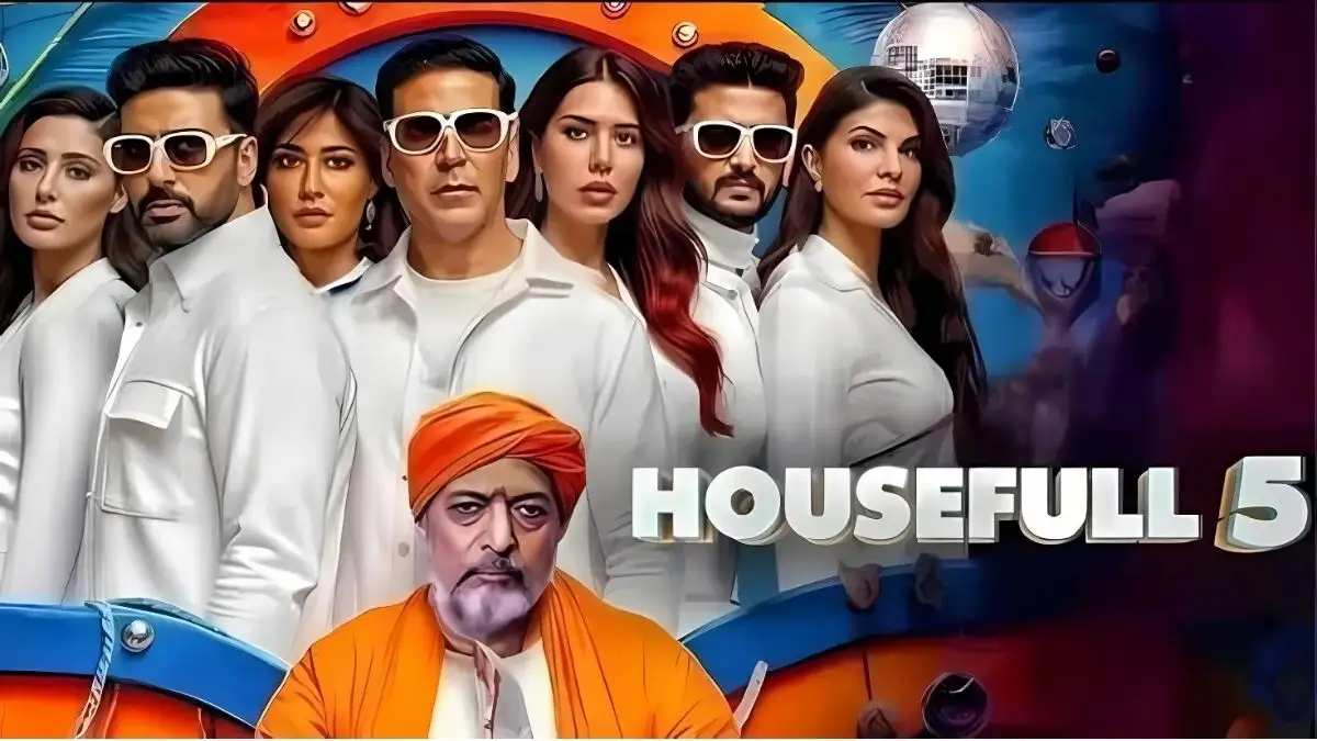 Main cast of Housefull 5 posing in stylish white outfits with bold expressions