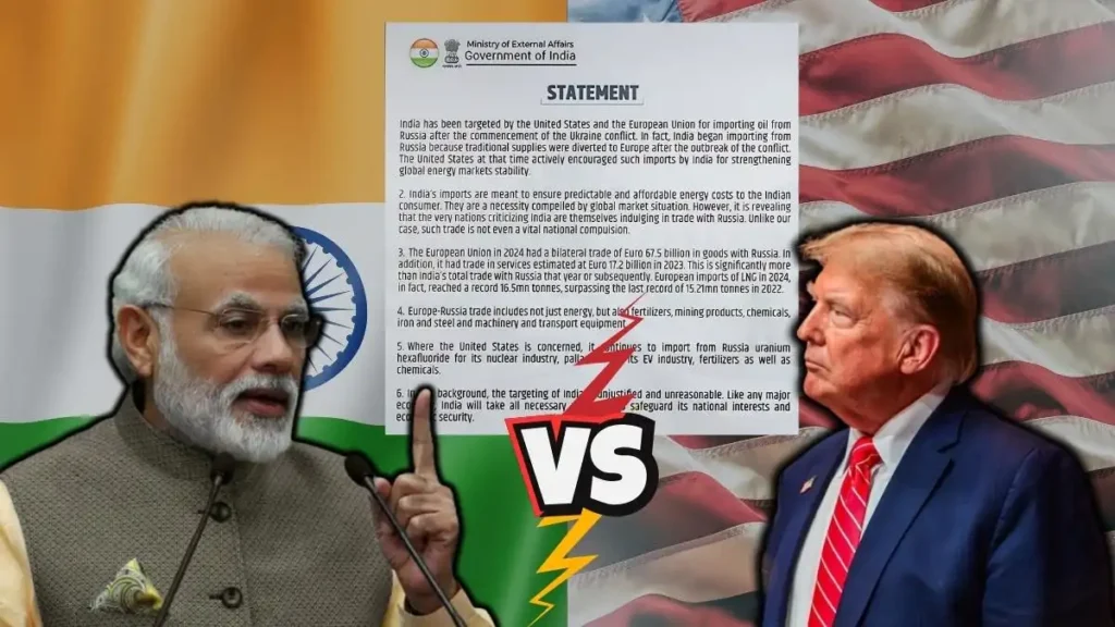 India's Prime Minister and US President facing off with a government statement in the background about India's reply to US tariff threats and support for Russia.