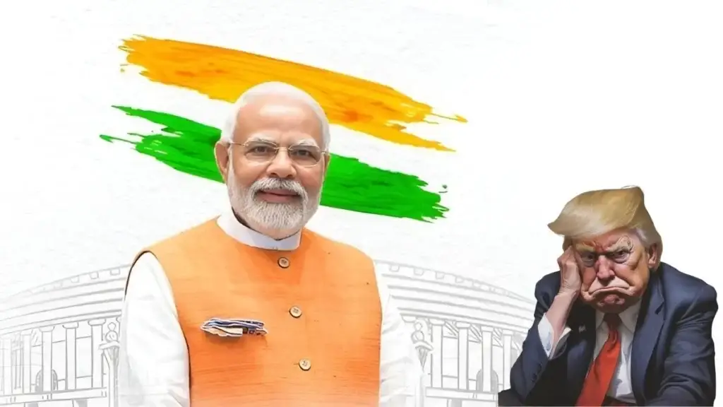 Indian Economy Update showing Narendra Modi with Indian flag symbolizing strong growth, and Donald Trump appearing upset over US trade tariffs