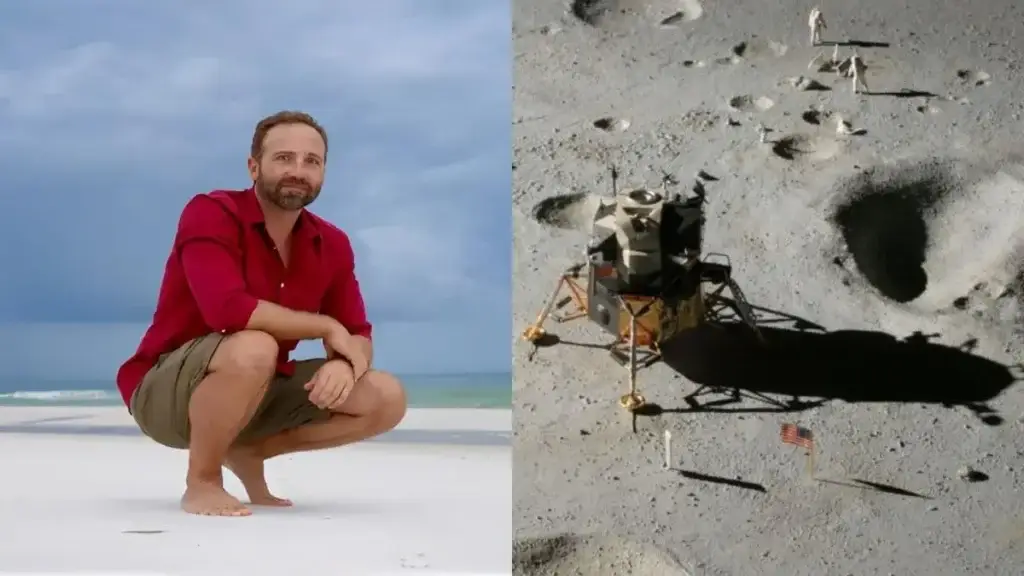 NASA Intern poses on a beach and a model lunar lander sits on the moon’s surface, symbolizing the 2002 moon rock theft case.