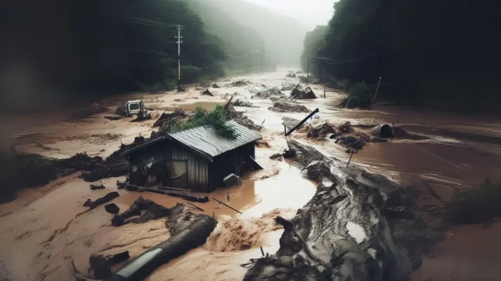 Dehradun Weather Update - Flooded streets and damaged houses in Dehradun after heavy rain, showing the severe impact as weather remains risky.
