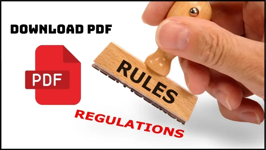 stamp labeled "RULES" with text "Download PDF" and "REGULATIONS" in red, symbolizing official rent receipt format rules and regulations.