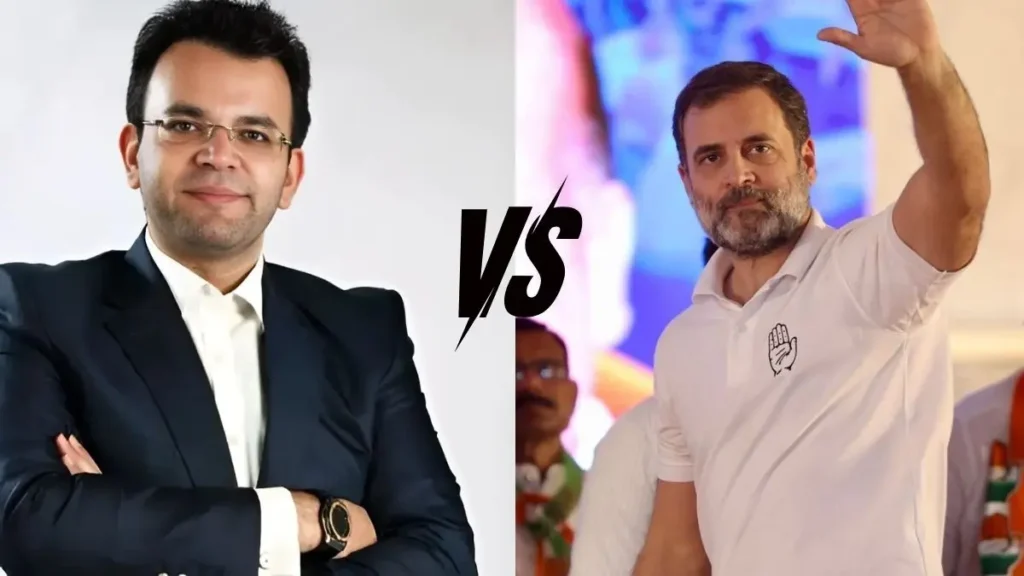 Rohan Jaitley in formal suit standing with confidence, showing leadership and strong personality against Rahul Gandhi